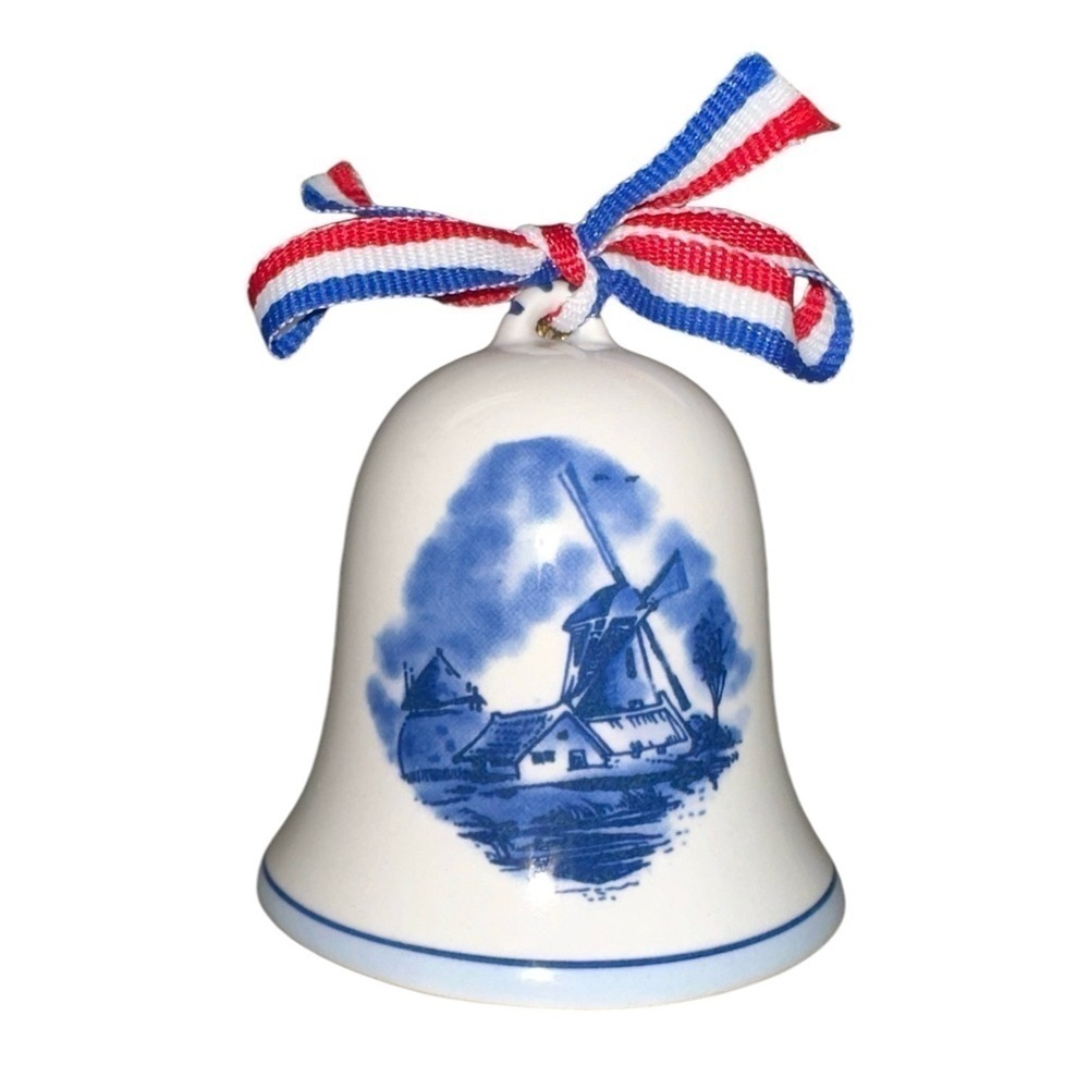 Vintage Mid 20th Century Delft Blue Christmas Ceramic Bell Holiday Ornament